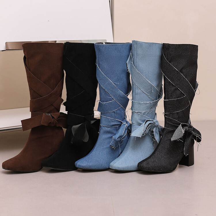 Women's Fashion High Shaft Boots with Cross Lace and Flower Details - Image 3