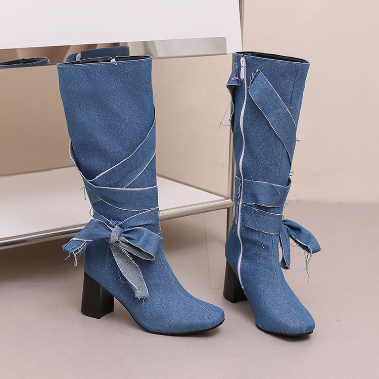 Women's Fashion High Shaft Boots with Cross Lace and Flower Details - Image 2