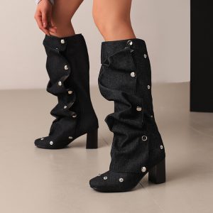 Women's High Shaft Denim Fashion Boots with Chunky Mid Heel and Side Zipper
