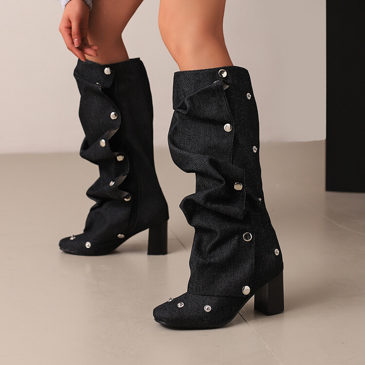 Women's High Shaft Denim Fashion Boots with Chunky Mid Heel and Side Zipper