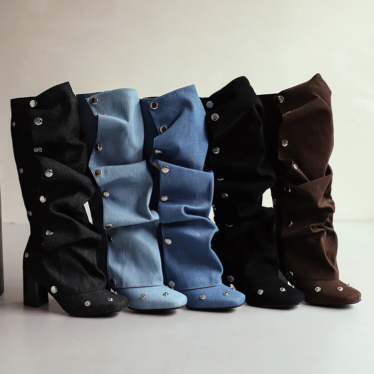 Women's High Shaft Denim Fashion Boots with Chunky Mid Heel and Side Zipper - Image 2