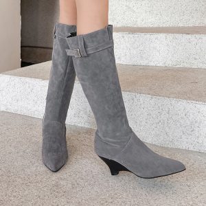 Fashion Mid-Calf Boots with Metal Accents and Side Zipper