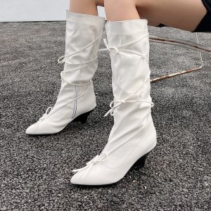 Women's Fashion Mid-Calf Pointed Toe Boots with Buckle Strap and Side Zipper
